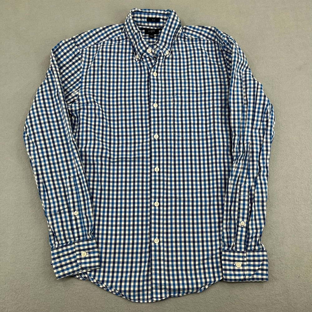 J.Crew Mens Slim Fit Gingham Button Down Shirt Blue White Size S